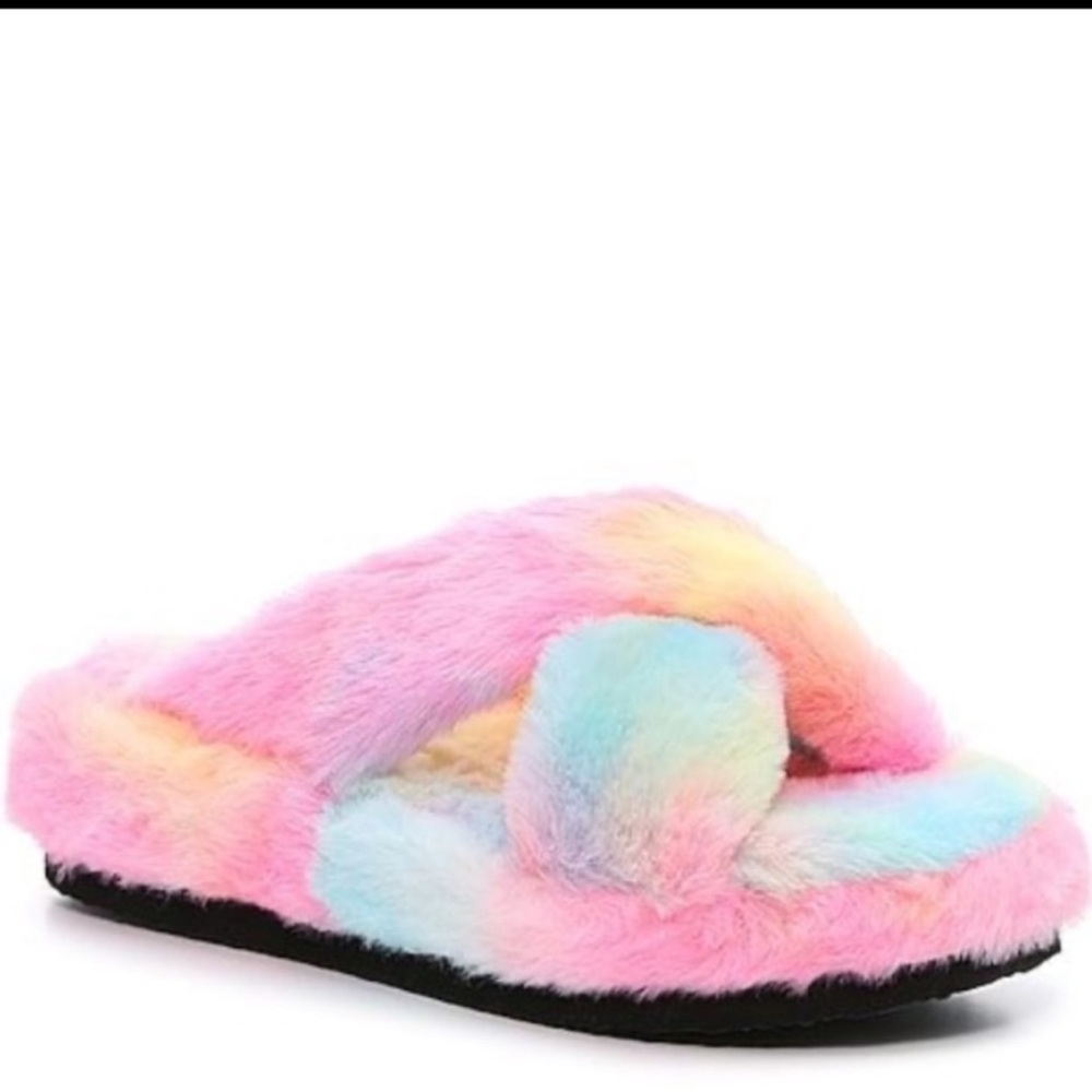 Mix No. 6 Amatta Tie Dye Platform Slippers Faux Fur Strappy Slip On Rainbow 9‎